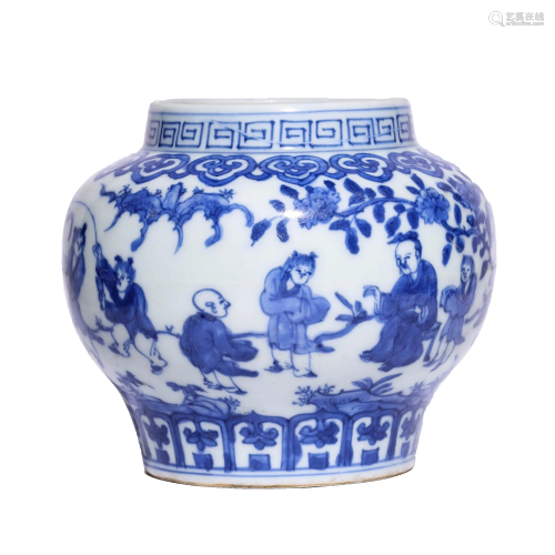 Chinese Porcelain Blue & White Story Jar Marked Wan Li