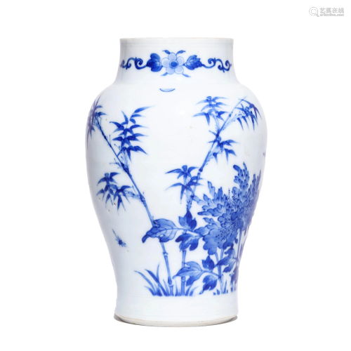 Chinese Porcelain Blue & White Birds & Flowers Jar
