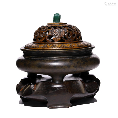 Chinese Bronze Censer & Stand Marked Yong Shi