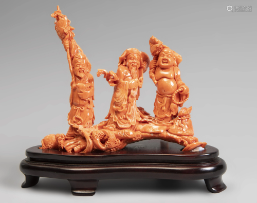 Three deities. China, 20th century. Coral. Wooden