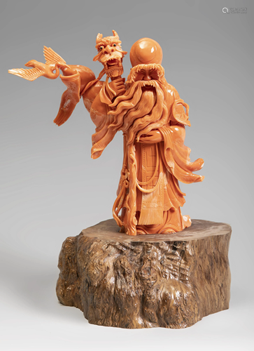 Fuhurokuju. China, 20th century. Coral. Wooden base.