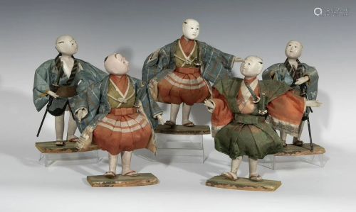 Set of five Samurai warriors; early 20th century. Wood