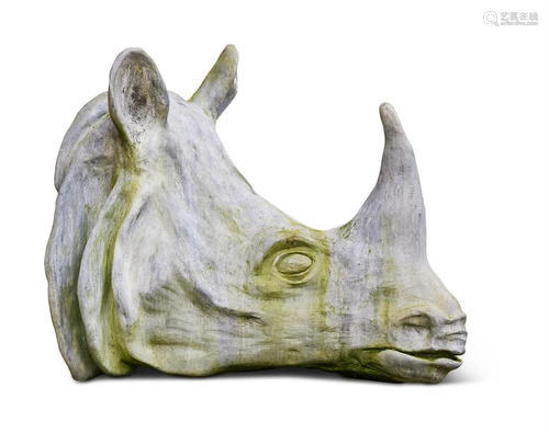 A LEAD MODEL OF A RHINOCEROS HEAD, 20TH CENTURY