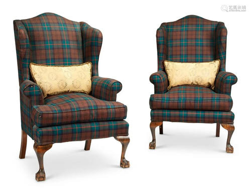 A PAIR OF GEORGE III STYLE UPHOLSTERED WING ARMCHAIRS