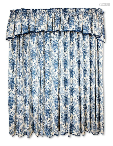 A PAIR OF BLUE CURTAINS AND PELMET