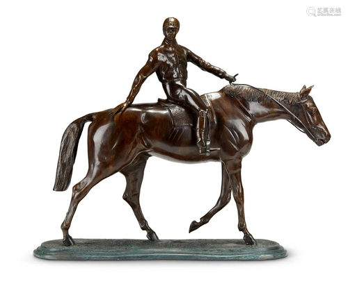 A PATINATED BRONZE MODEL OF A JOCKEY ON HORSEBACK