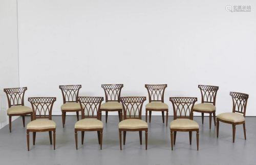 MANIFATTURA DEL XIX SECOLO Ten walnut open chairs, legs
