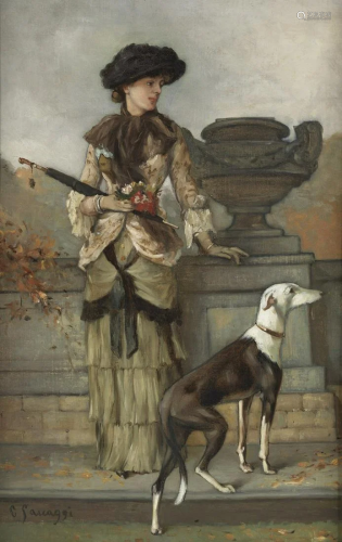 CESARE SACCAGGI Portrait of a gentlewoman with dog.
