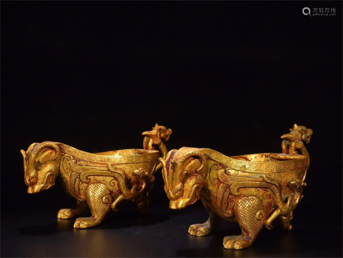 A Pair of Chinese Gilt Bronze Cups