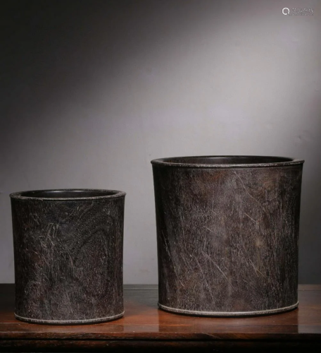 A Pair of Chinese Carved Hardwood Brush Pots