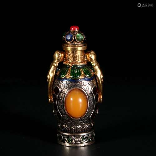 chinese silver snuff bottle inlaid jems