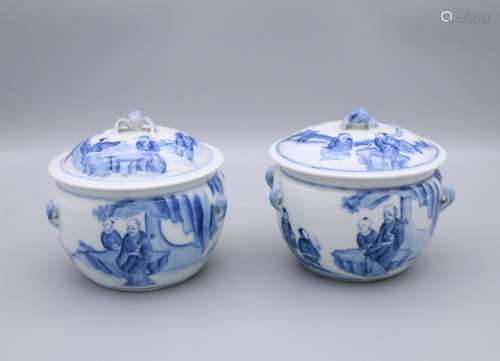 pair of chinese blue and whine porcelain porridge pots