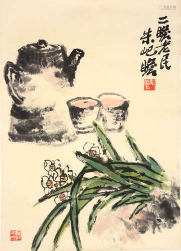 A Chinese Tea-Tasting Painting Scroll, Zhu Qizhan Mark