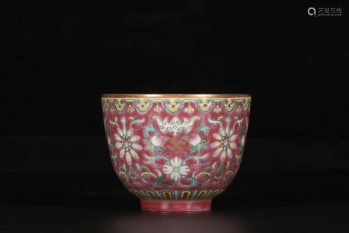 A Rouge-Red-Ground Famille Rose Interlocking Lotus Bats Cup