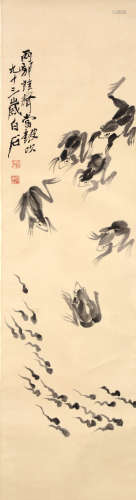 A Chinese Frogs Painting Paper Scroll, Qi Baishi Mark