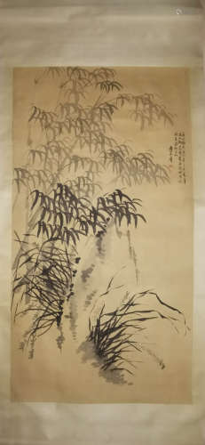 A Chinese Bamboo Painting Paper Scroll, Li Fang Ying Mark