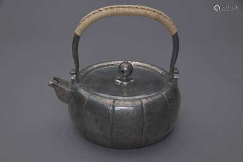 A Japanese Silver Melon-Form Loop-Handle Teapot