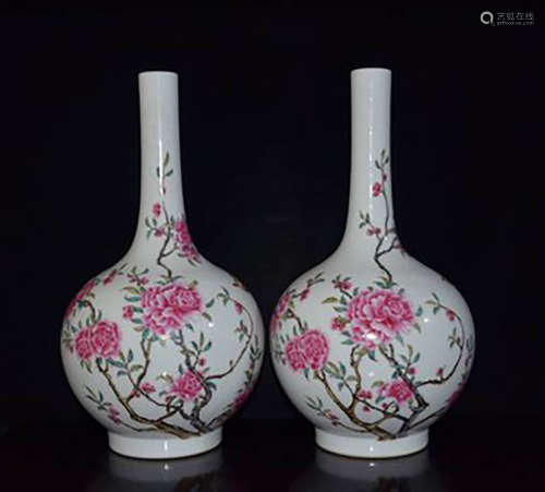 A Pair Of Enameled Flowers And Birds Bottle Vases