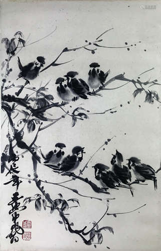 A Chinese Spring Sparrow Painting Scroll, Huang Zhou Mark