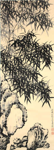 A Chinese Bamboo And Stone Paper Painting, Wu Hufan Mark