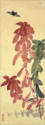 A Chinese Butterfly And Flowers Painting, Qi Baishi Mark