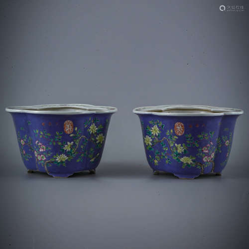A Pair Of Blue-Ground Floral Jardinieres