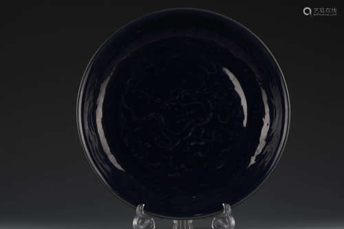 An Altar Blue Glaze Incised Dragon&Clouds Dish