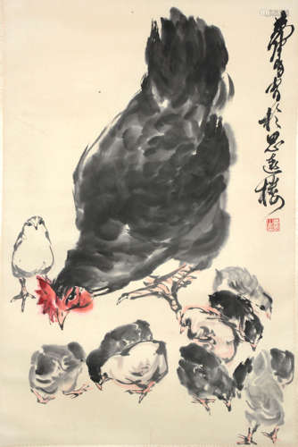 A Chinese Rooster Group Painting Scroll, Huang Zhou Mark