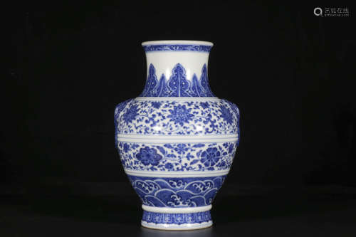 A Blue And White Interlocking Flowers And Waves Flanked Vase...