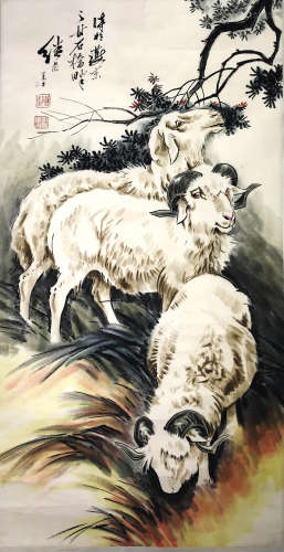 A Chinese Three Rams Painting, Liu Jiyou Mark