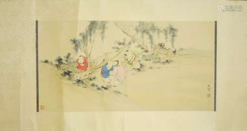 A Chinese Children Painting Paper Scroll, Wu Guangyu Mark