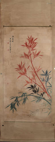 A Chinese Bamboo Painting Paper Scroll, Pu Zuo Mark