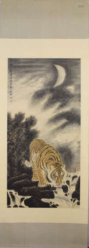 A Chinese Tiger Painting Paper Scroll, Xiong Songquan Mark