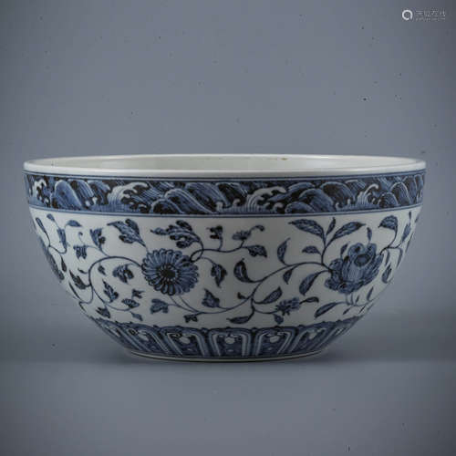 A Blue And White Interlocking Flowers Alms Bowl