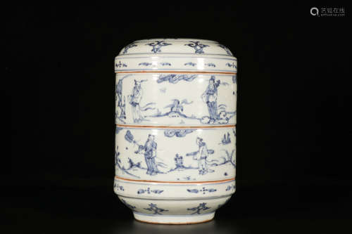 A Blue And White Figural Double-Layers Circular Box And Cove...