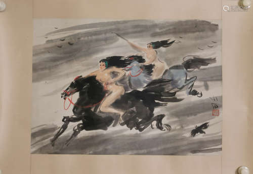 A Chinese Horse And Figure Painting, Fu Xiaoshi Mark