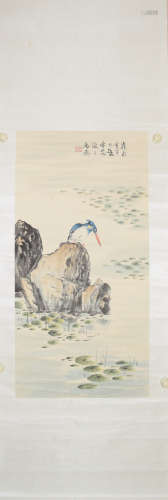 A Chinese Bird And Stone Painting Paper Scroll, Huang Huanwu...