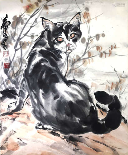 A Chinese Cat Painting Scroll, Huang Zhou Mark