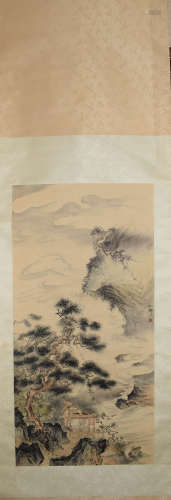 A Chinese Landscape Painting Silk Scroll, Hu Yefo Mark
