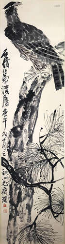 A Chinese Eagle And Pine Painting Paper Scroll, Qi Baishi Ma...