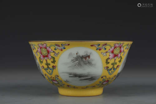 A Yellow-Ground Landscape Floral Bowl