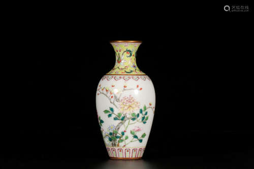 A Yellow-Ground Famille Rose Floral Vase