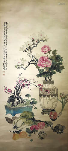 A Chinese Furnishing Painting Scroll, Kong Xiaoyu Mark