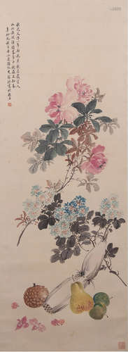 A Chinese Fruits And Flowers Silk Painting, Weng Xiaohai Mar...