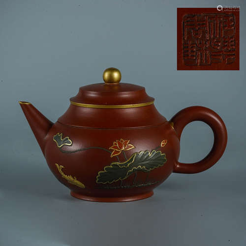 A Gilt Purple Clay Lotus And Fish Teapot