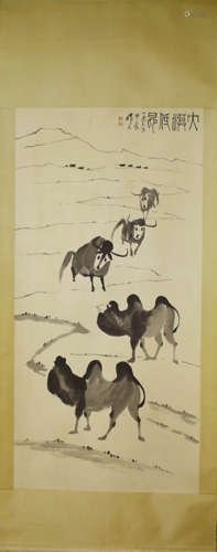 A Chinese Bactrian Camel And Desert Painting Paper Scroll, W...