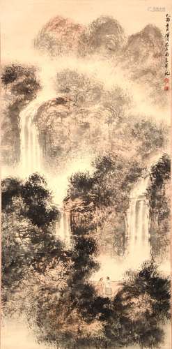 A Chinese Landscape And Waterfall Painting Scroll, Fu Baoshi...
