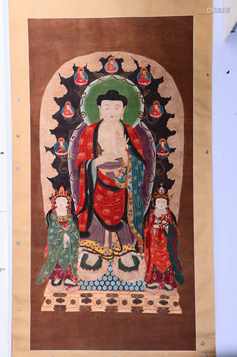 A Chinese Buddha Statue Silk Painting, Unknown Painter