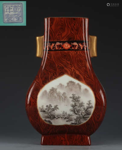 QIANLONG MARK MOCAI GLAZE LANDSCAPE PATTERN VASE