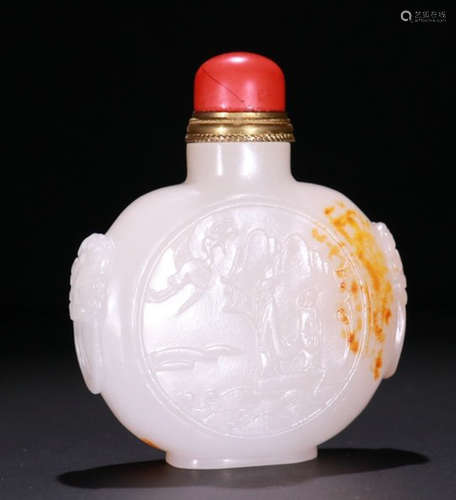 HETIAN WHITE JADE CARVED STORY PATTERN SNUFF BOTTLE